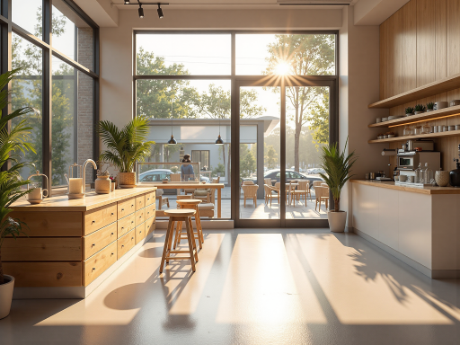 中国信阳毛尖茶叶品牌策划工作室外景,现代化办公环境,绿色植物装饰,宽敞明亮的会议室,木质办公桌,墙上挂着茶文化装饰品