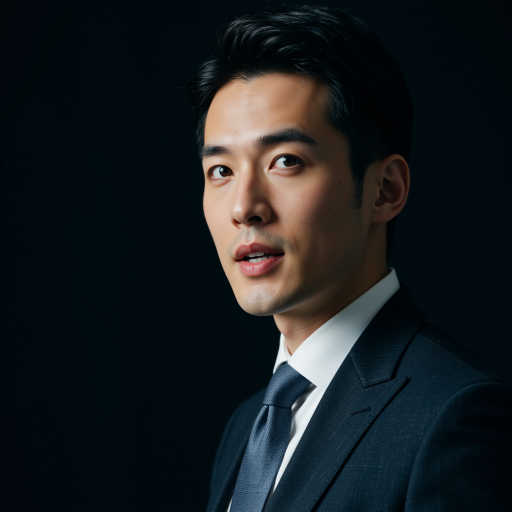 四十岁左右中年男性头像,穿深色西装,蓝色背景,专业商务人士形象,眼神坚定自信